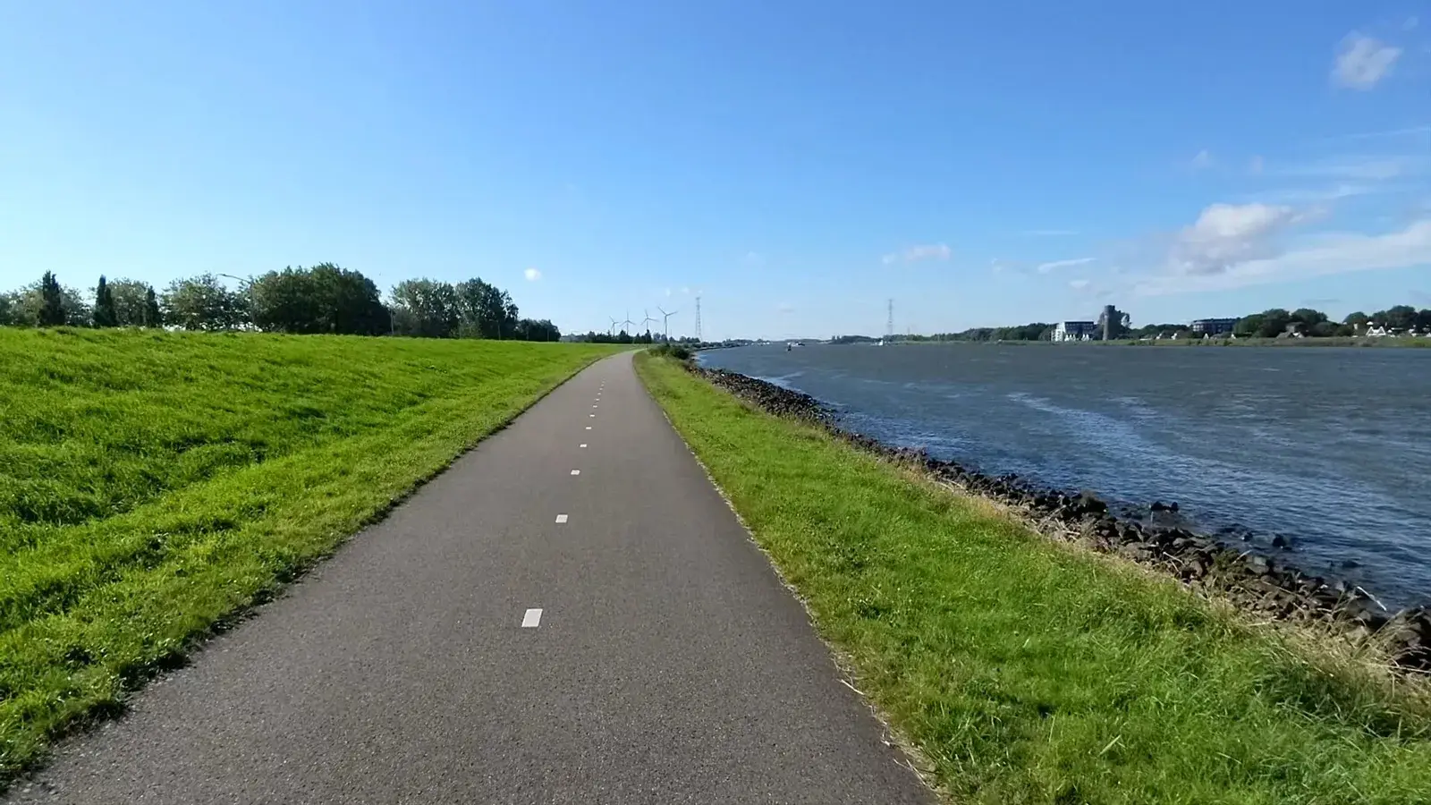 A smooth waterside cycleway under a clear blue sky