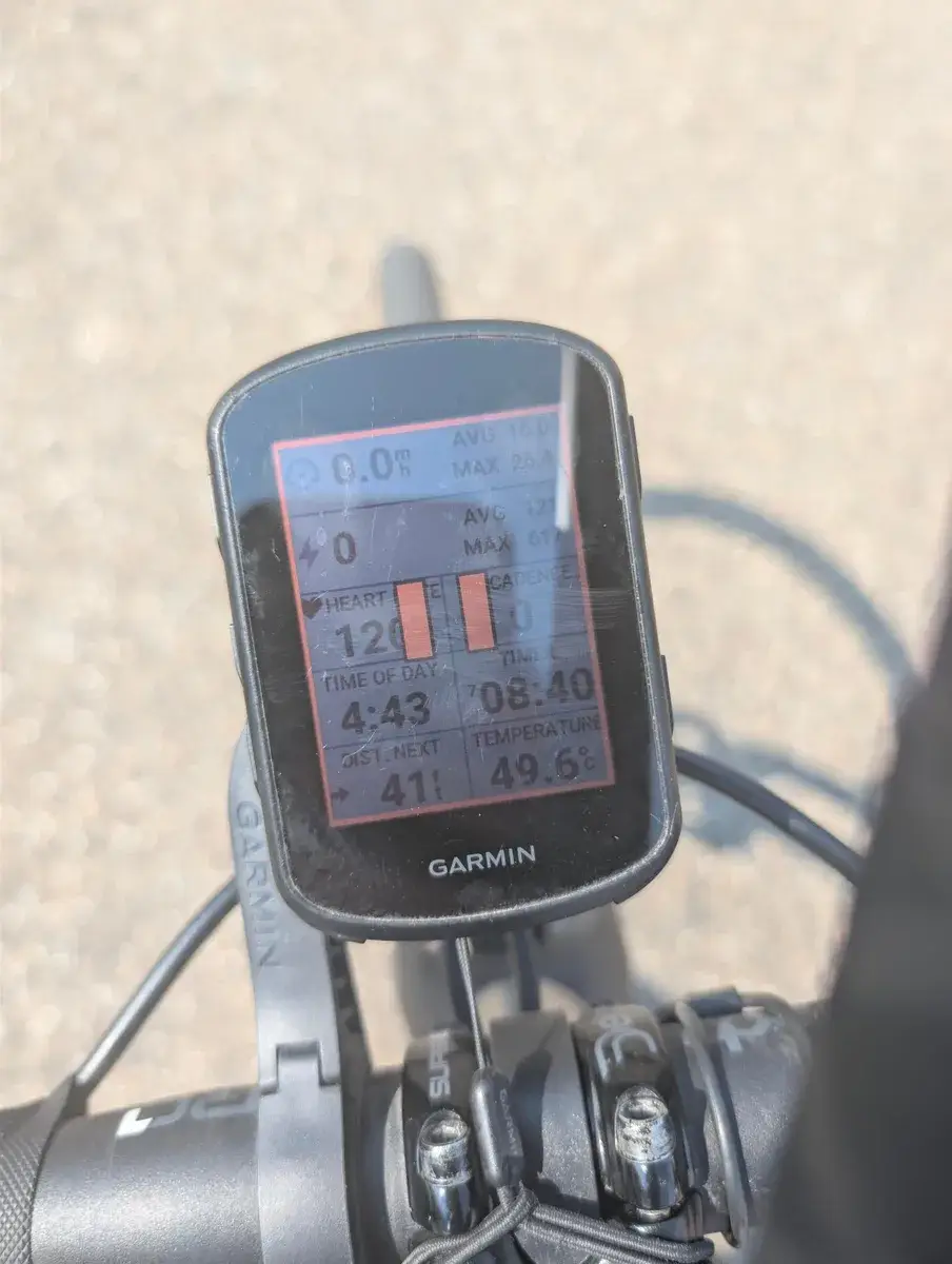 A bicycle computer showing the temperature during a hot ride