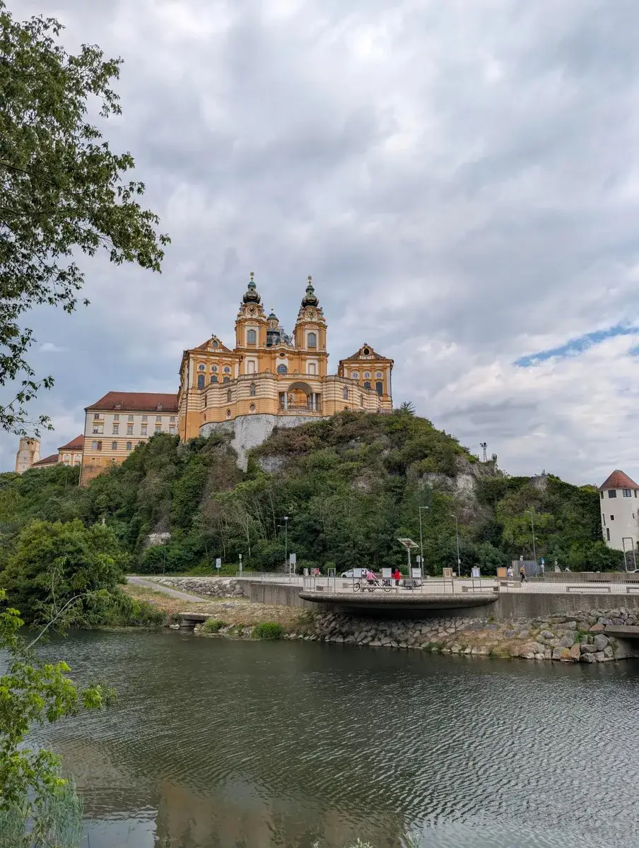 A large hilltop abbey above the Danube