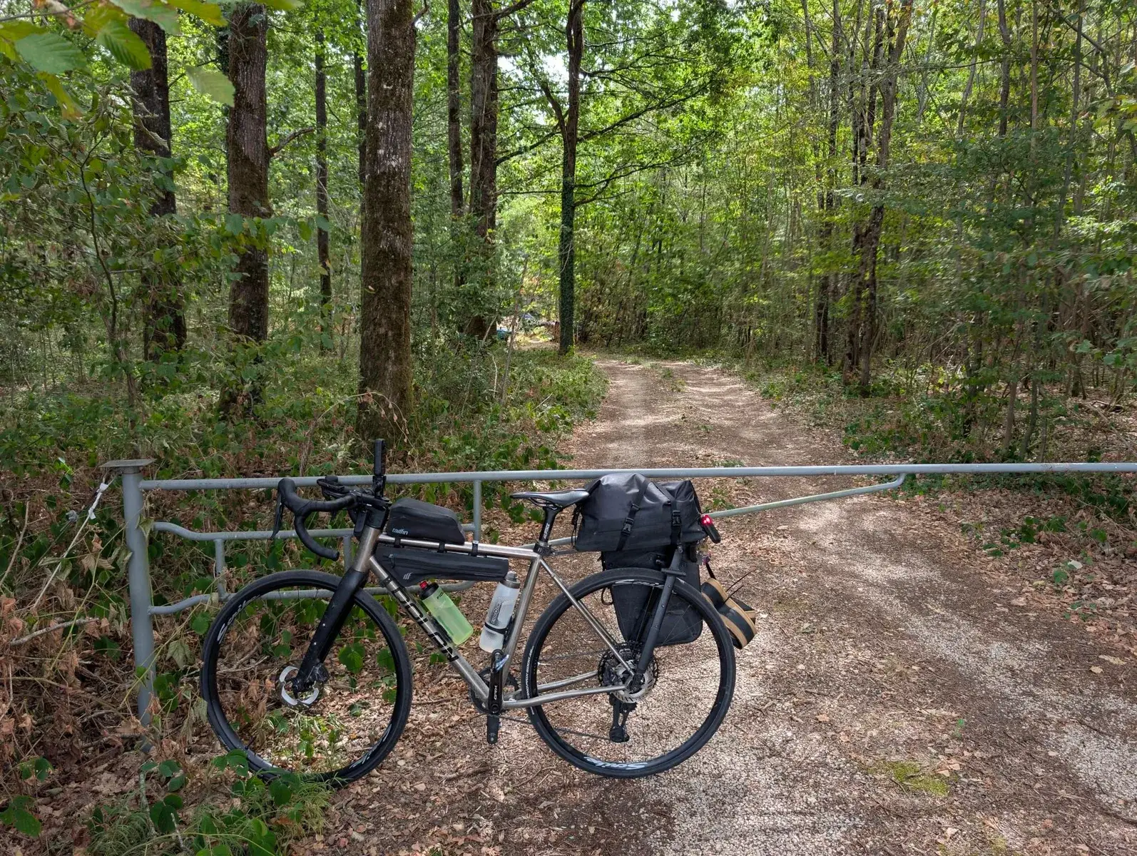 A loaded touring bicycle on a sandy woodland track