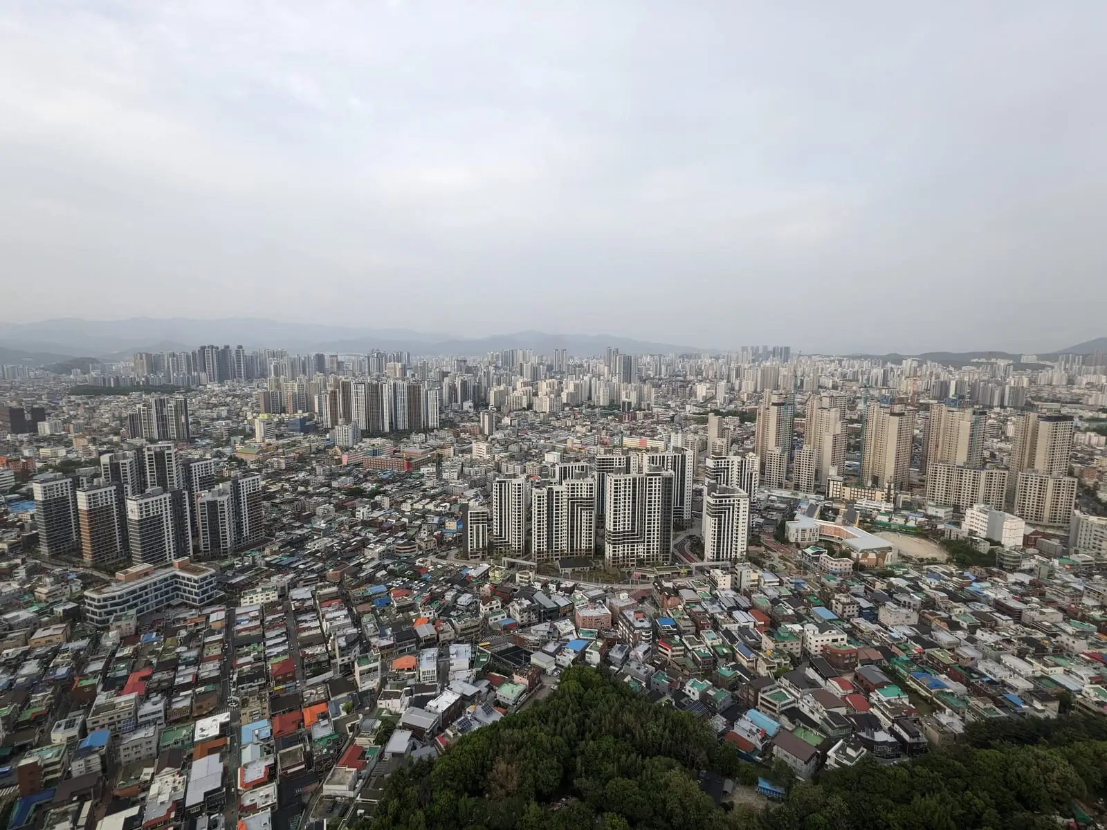 A hazy aerial view over dense Daegu rooftops and apartment blocks