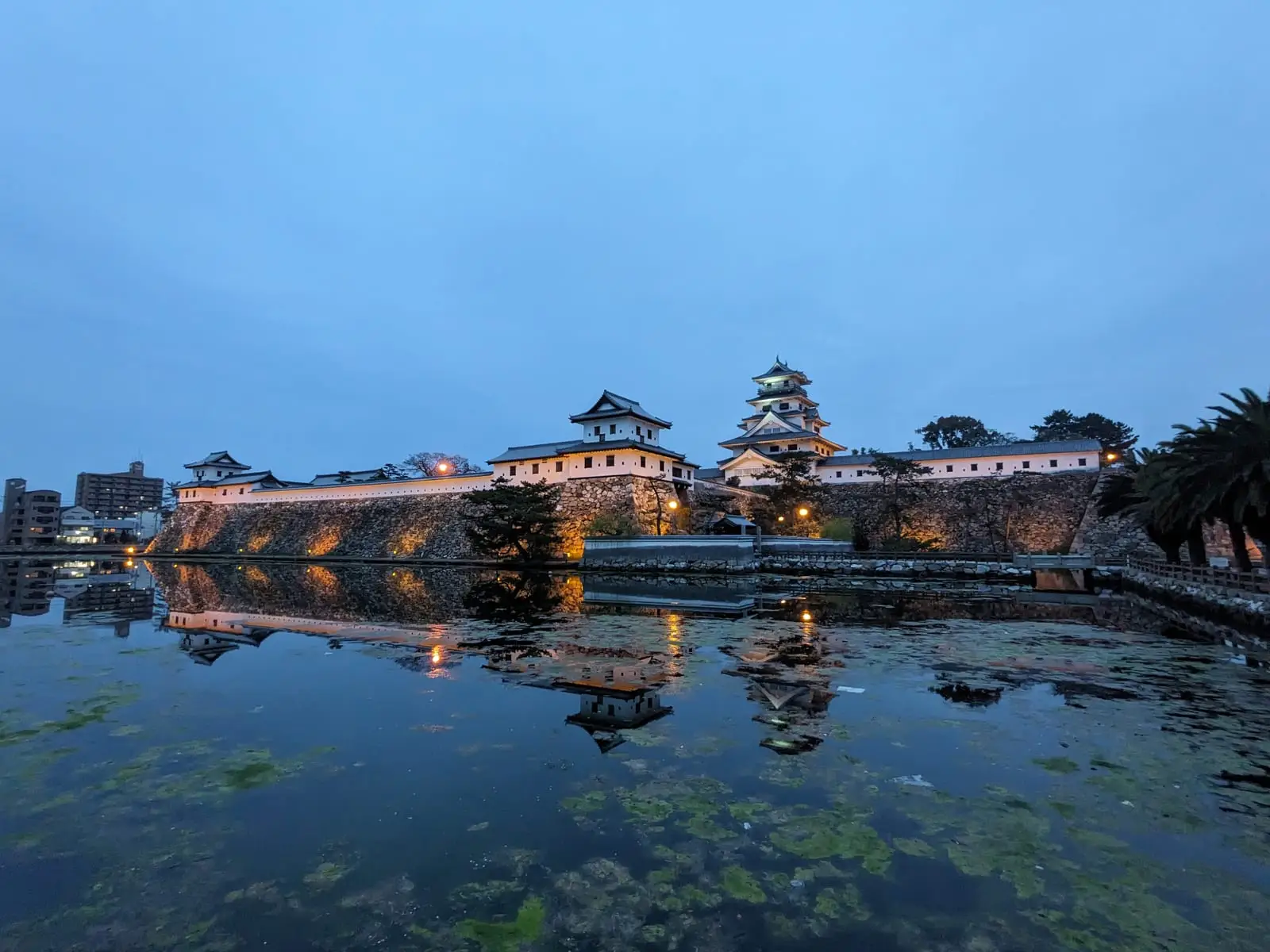 Imabari Castle’s white walls and turrets illuminated at night, reflected in the surrounding moat