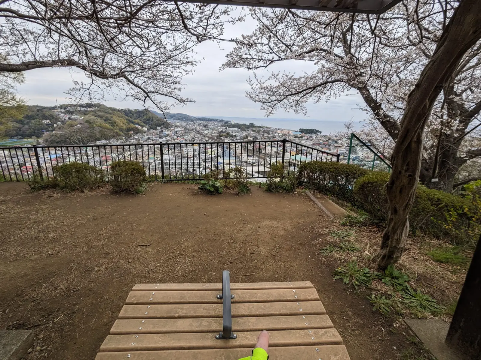 A wooden bench at a viewpoint overlooking a coastal town, where a phone was left behind and recovered