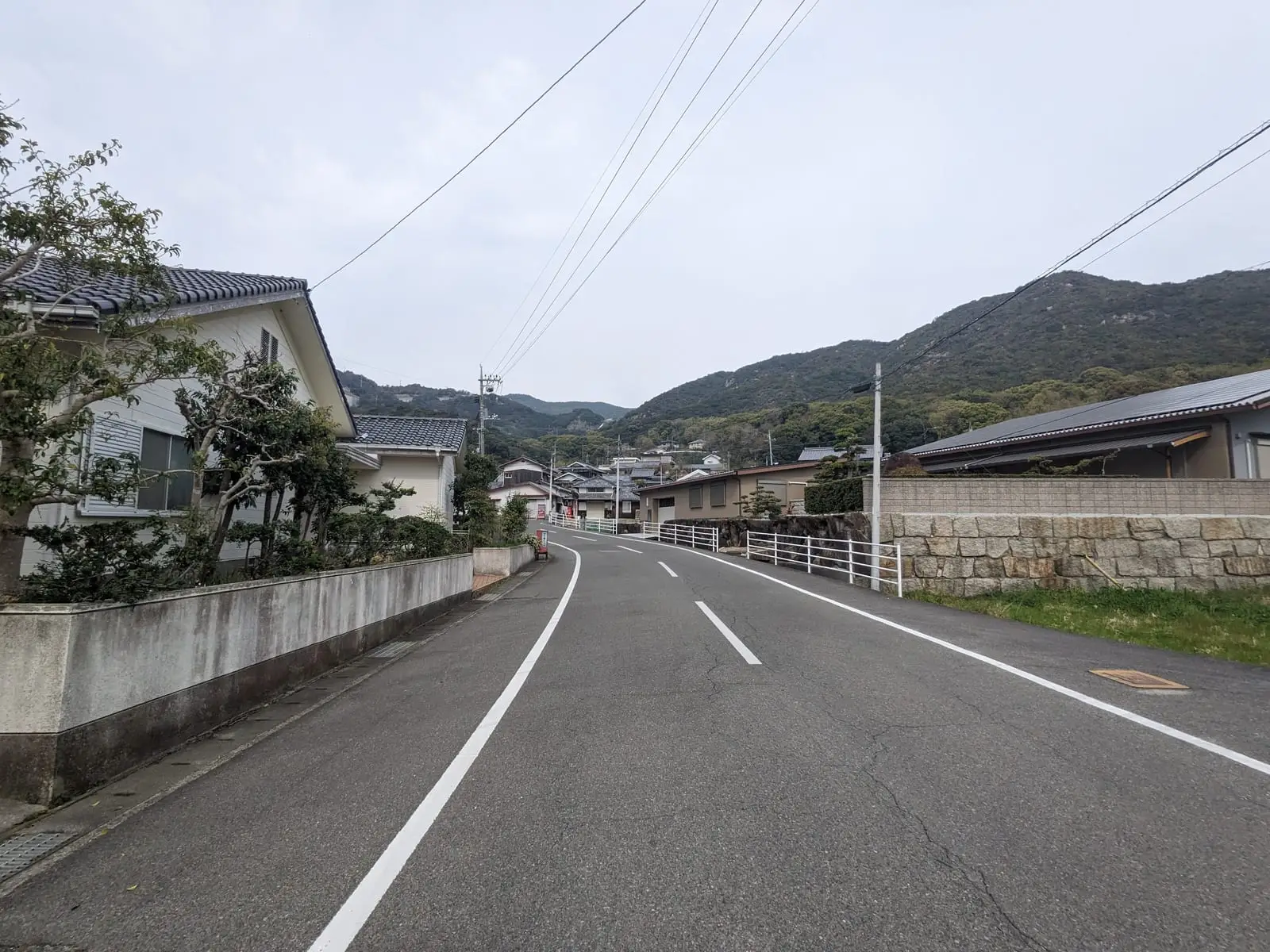 A quiet road climbing gently between houses and a wooded hillside at the start of the island climb