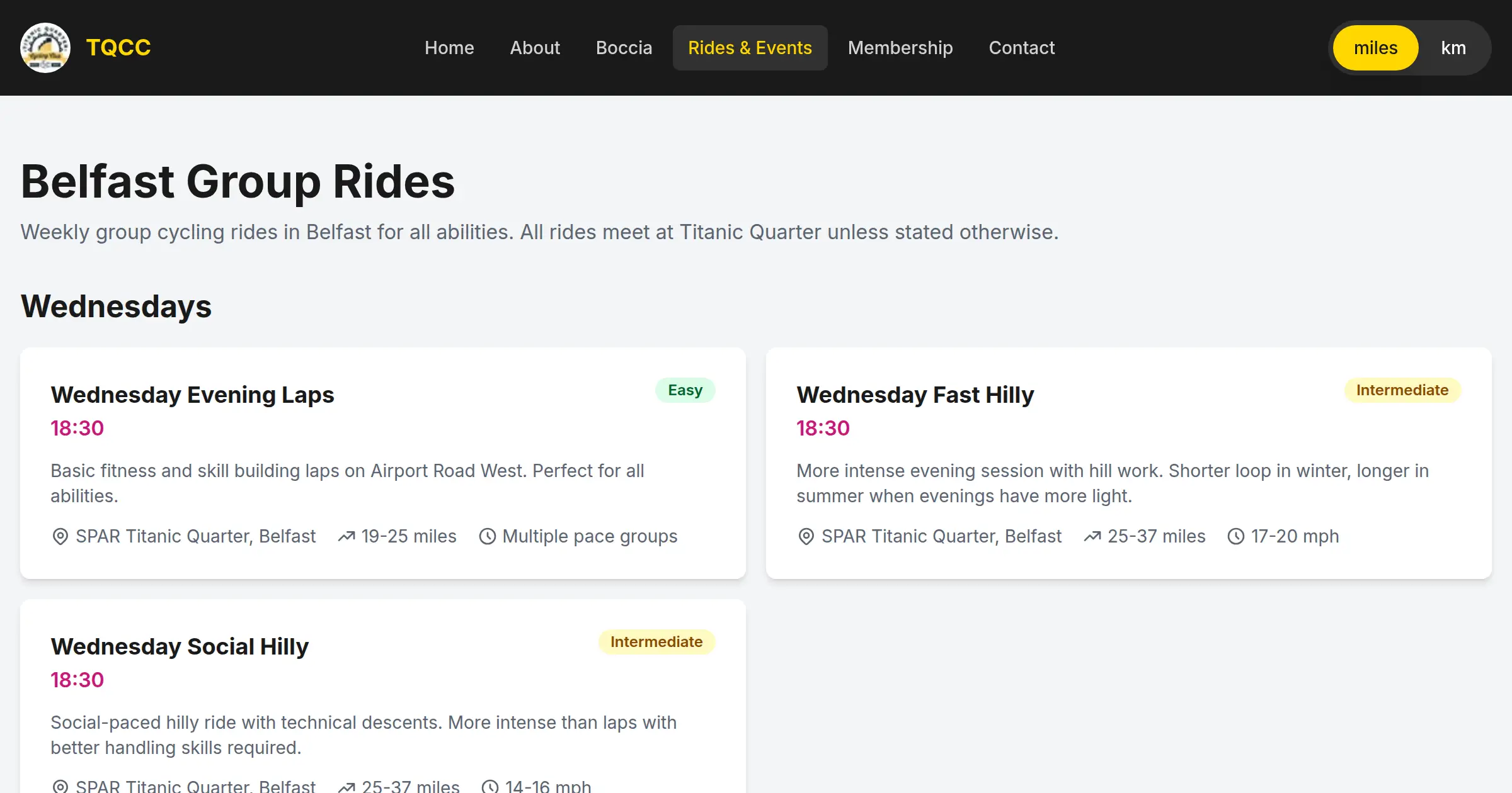 The Titanic Quarter Cycling Club rides page, showing weekly Wednesday group rides with start times, distances, and pace levels.