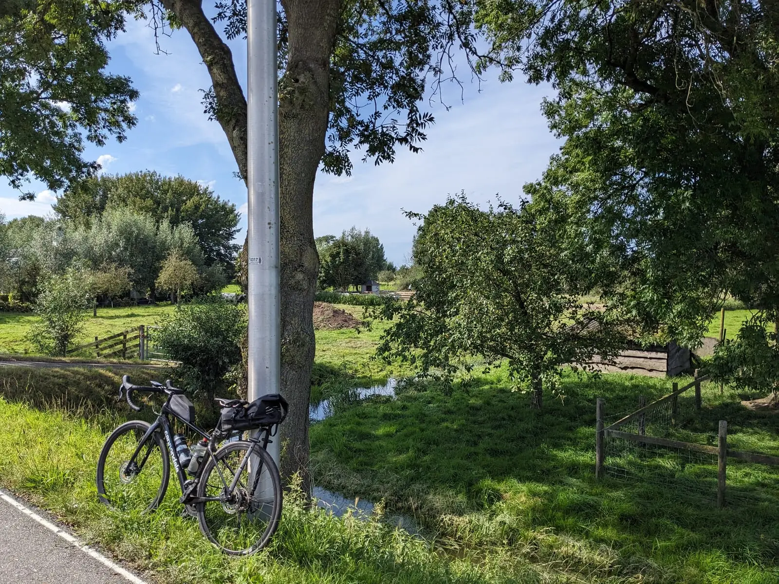 A bike with only a small saddle bag leaning against a lamp post beside a Dutch drainage ditch